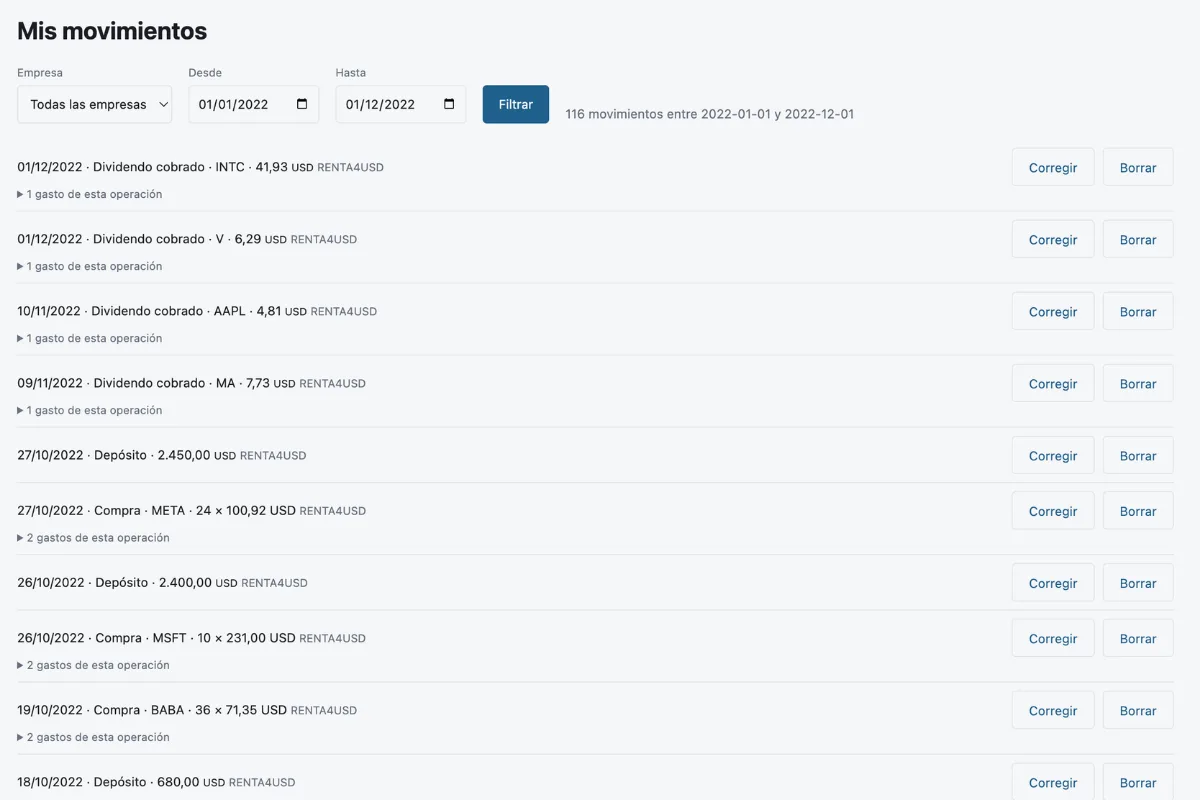 La pantalla Mis movimientos: la lista de compras, ventas, dividendos y comisiones, acotable por fechas y por símbolo, con las acciones de corregir y borrar en cada fila.